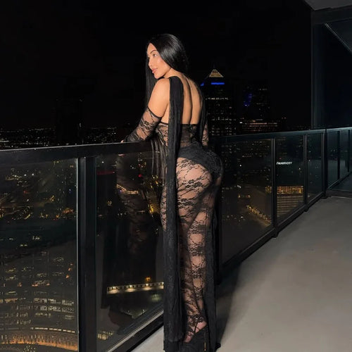 Load image into Gallery viewer, Lace See Through Strapless Sexy Maxi Dress For Women Gown Halter Hollow Out Sleeveless Backless High Split Long Dress
