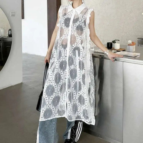 Load image into Gallery viewer, Women White Lace Perspective Ruffles Big Size Shirt Dress New Lapel Sleeveless Fashion Tide Spring Summer 2025 1DH6069
