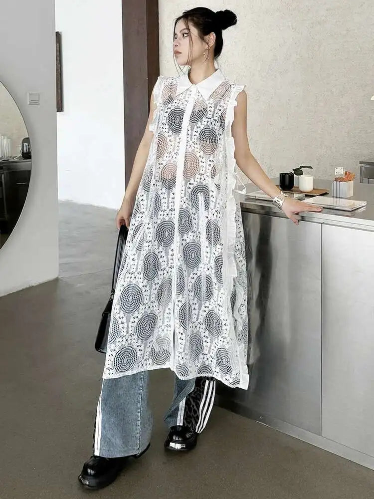 Women White Lace Perspective Ruffles Big Size Shirt Dress New Lapel Sleeveless Fashion Tide Spring Summer 2025 1DH6069