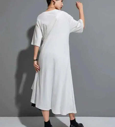 Women White Irregular Hem Big Size Long T-shirt New Round Neck Short Sleeve Fashion Tide Spring Summer 2025 1DF8717