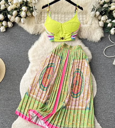 Summer Sexy Baroque Chain Two Piece Set Women's Simple Metal Buckle Embroidery Bra Spaghetti Strap Crop Top + Pleated Midi Skirt