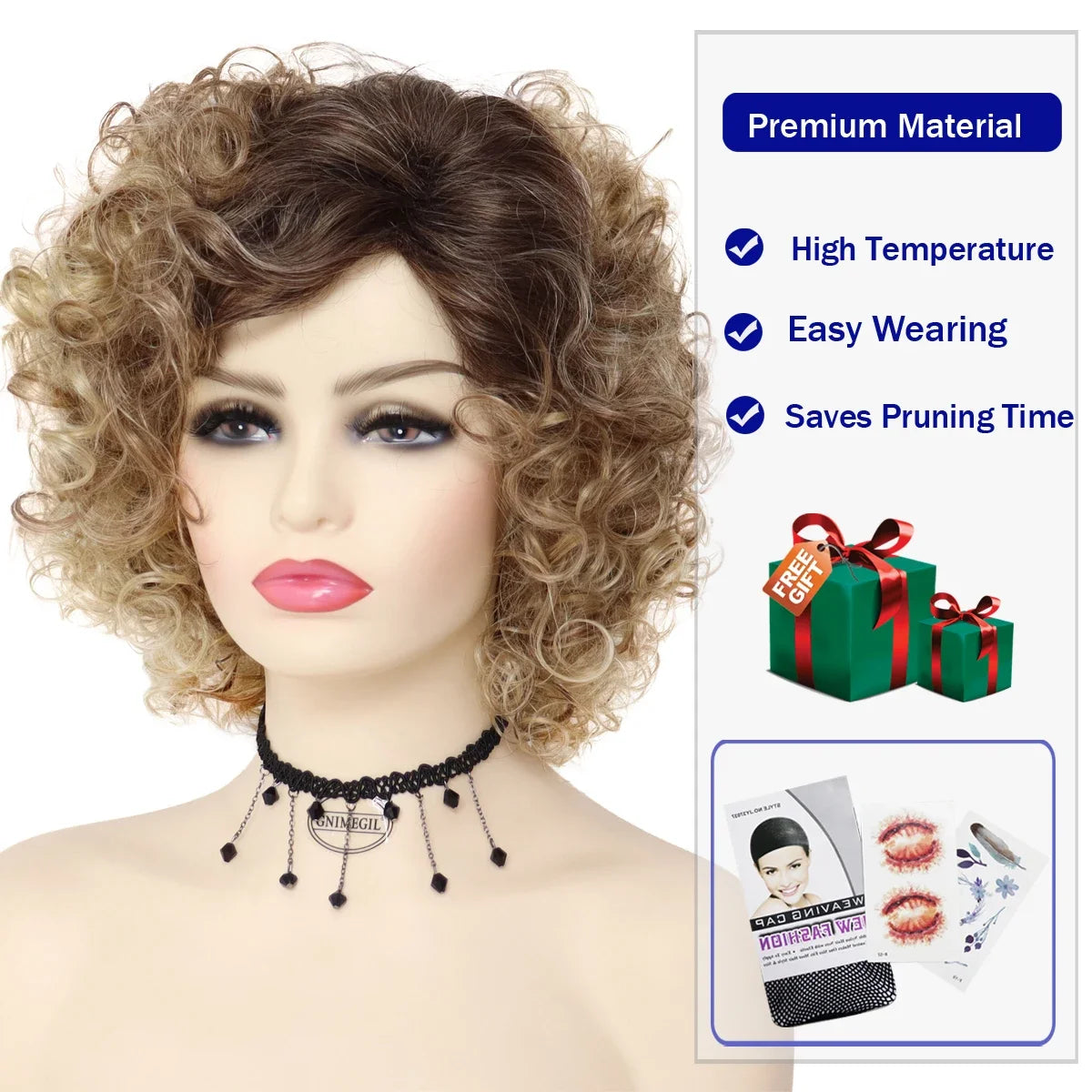 Synthetic Curly Wigs for Women Short Blonde Wig Wtih Bangs Sand Grease Wig Ombre Wigs Halloween Costume Wig Cosplay