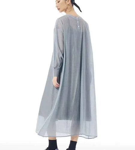 Women Khaki Mesh Perspective Big Size Thin Dress New Round Neck Long Sleeve Fashion Tide Spring Autumn 2025 1DH7412