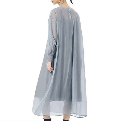 Load image into Gallery viewer, Women Khaki Mesh Perspective Big Size Thin Dress New Round Neck Long Sleeve Fashion Tide Spring Autumn 2025 1DH7412
