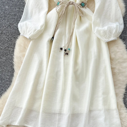 Load image into Gallery viewer, French Women Beige Elegant Long Sleeved Lace-up Pleated Dresses Spring High Waist Sexy Off Shoulder Vacation Party Dress Popular
