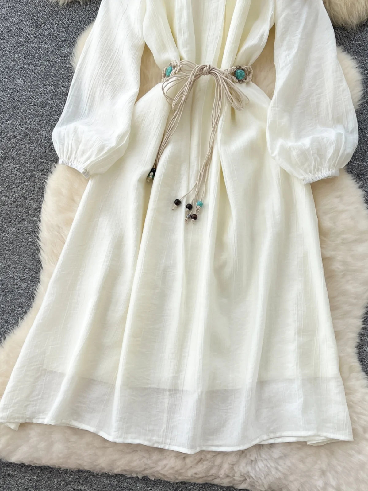 French Women Beige Elegant Long Sleeved Lace-up Pleated Dresses Spring High Waist Sexy Off Shoulder Vacation Party Dress Popular