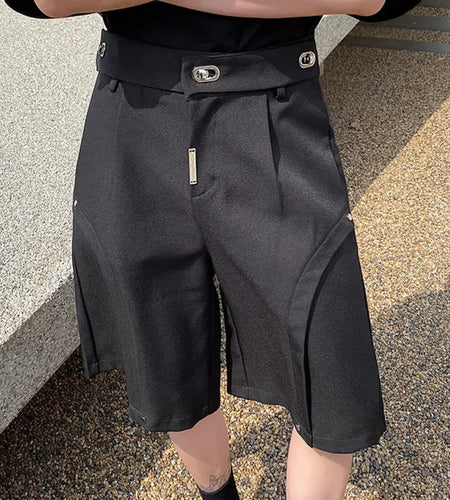 Trend Men's Casual Shorts Fashion Metal Buckle Double Waist Design Solid Color Summer Loose Short Baggy Trousers 9A3016