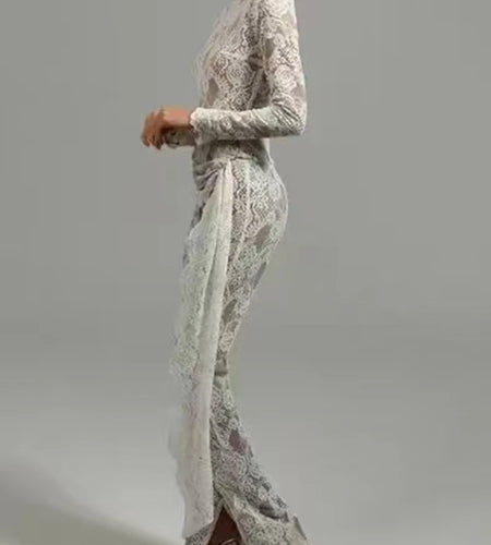 Solid Spliced Lace Up Lace Jumpsuits For Women O Neck Long Sleeve High Waist Temperament Jumposuit Female Fashion