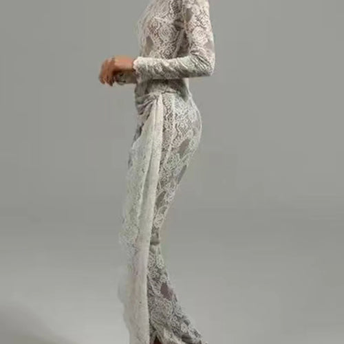 Load image into Gallery viewer, Solid Spliced Lace Up Lace Jumpsuits For Women O Neck Long Sleeve High Waist Temperament Jumposuit Female Fashion
