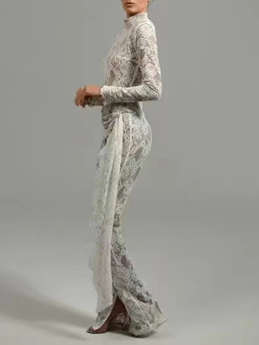 Solid Spliced Lace Up Lace Jumpsuits For Women O Neck Long Sleeve High Waist Temperament Jumposuit Female Fashion