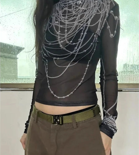 Personality Harajuku Vintage Pearl Print T-shirts Y2k Aesthetic Half Turtleneck Bottoming Tshirts Women See Through Gauze Tees