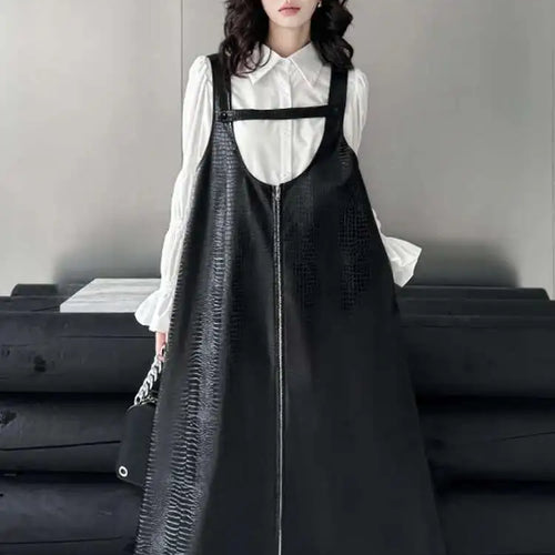 Load image into Gallery viewer, Women Black Big Size PU Leather Zipper Strap Dress New Square Collar Sleeveless Fashion Tide Spring Autumn 2025 1DH4461
