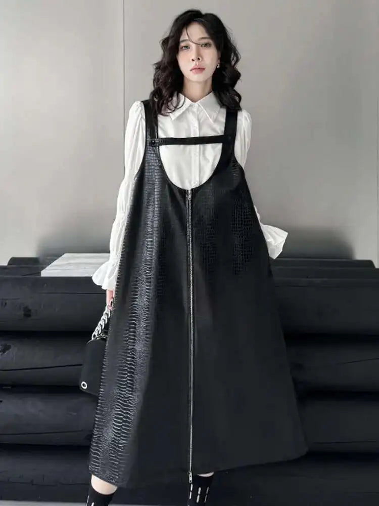 Women Black Big Size PU Leather Zipper Strap Dress New Square Collar Sleeveless Fashion Tide Spring Autumn 2025 1DH4461