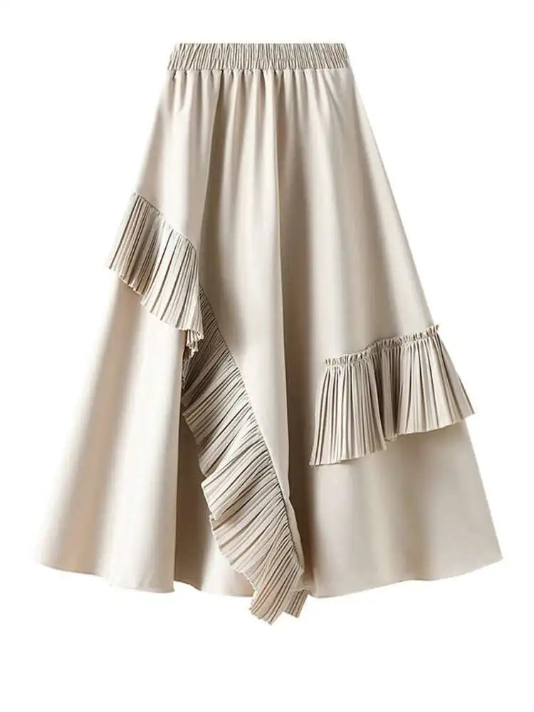High Elastic Waist Coffee Pleated Ruffles Elegant Half-body Skirt Women Fashion Tide New Spring Autumn 2025  1DJ0431