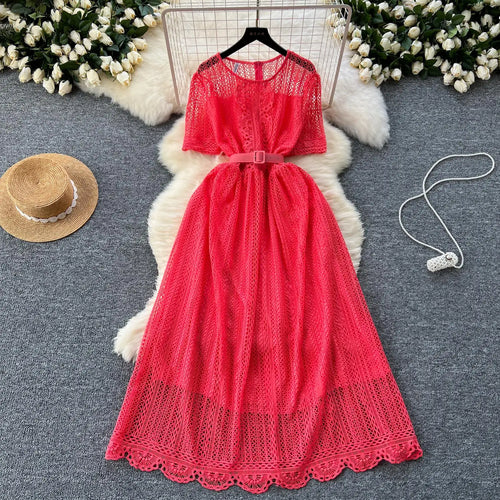 Load image into Gallery viewer, Summer French Retro Solid Round Neck Short Sleeved Hollow Out Lace Dress For Women Slim Elegant High Waist Party Evening Dresses
