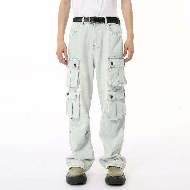 High Street Men's Denim Pants Loose Washed Multi-pocket Overall Straight Wide Leg Male Jeans Autumn Stylish 9C6833