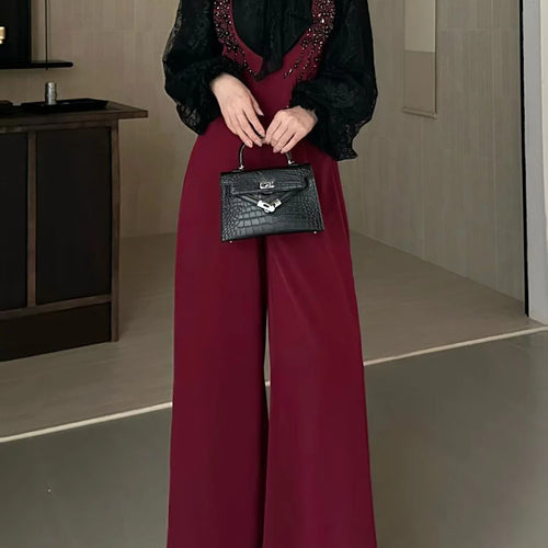 Load image into Gallery viewer, Temperament Two Piece Sets for Women Stand Neck Long Sleeves Spliced Lace Blouse Patchwork Bead Rompers Set Female
