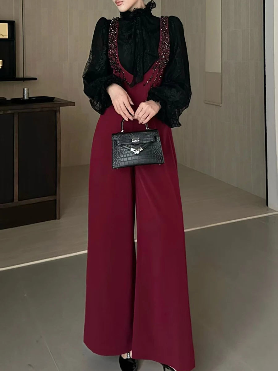 Temperament Two Piece Sets for Women Stand Neck Long Sleeves Spliced Lace Blouse Patchwork Bead Rompers Set Female