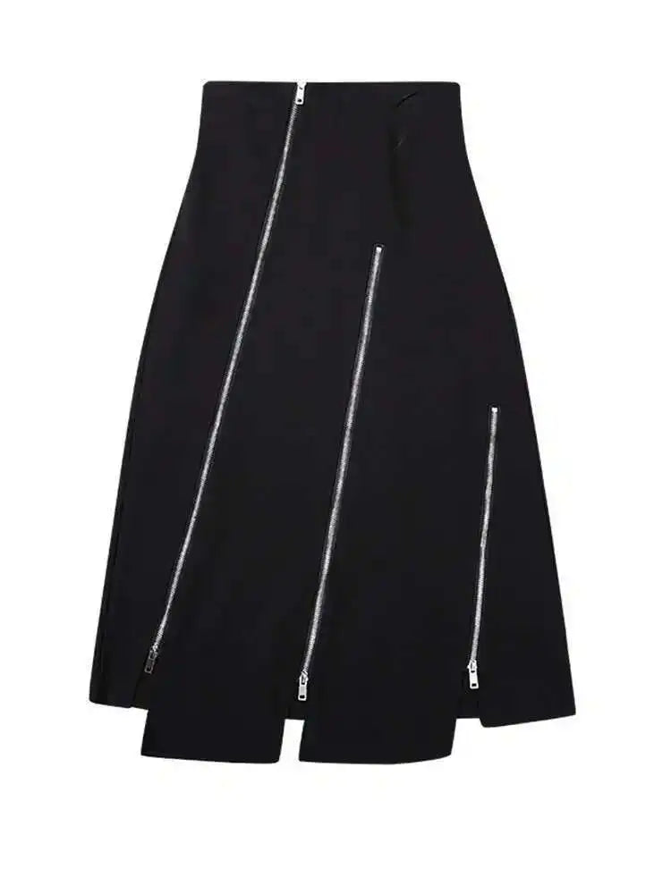 High Waist Black Zipper Irregular Design Long Casual Half-body Skirt Women Fashion Tide New Spring Autumn 2025 1DF0628