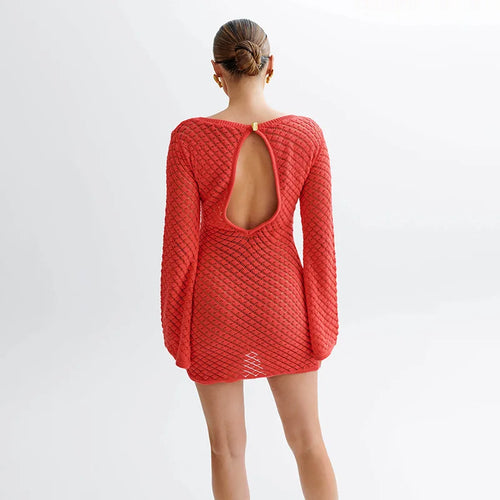 Load image into Gallery viewer, Backless Long Sleeve Knit Mini Dress For Women Fashion Elegant Spring Summer See Through Beach Holiday Dress Beachwear

