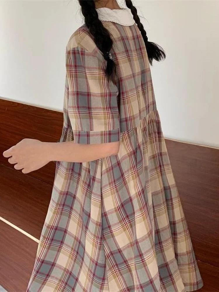Vintage Kawaii Plaid Mini Dress Women Summer Japanese Sweet Lolita School Cute Dresses Peter Pan Collar Summer