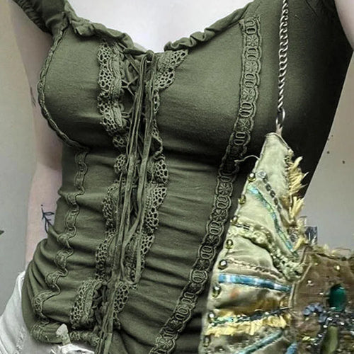 Load image into Gallery viewer, y2k Green Lace Crop Top Trim Square Collar Short Sleeve T Shirt Women Fairycore Balletcore Chic Tee Summer Korean 90s
