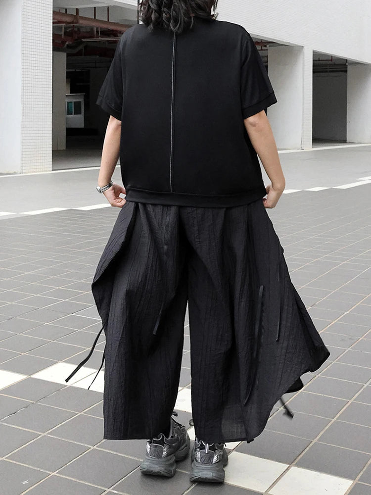 High Elastic Waist Black Pocket Brief Pleated Long Wide Leg Pants New Trousers Women Fashion Tide Spring Autumn 2025