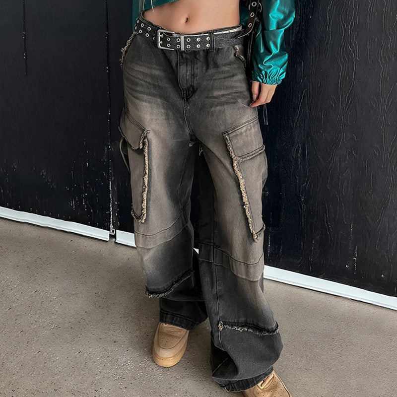 Vintage Y2K Grunge Gradient Cargo Jeans Female Baggy Streetwear Distressed Burr Denim Trousers Harajuku Pockets Pants