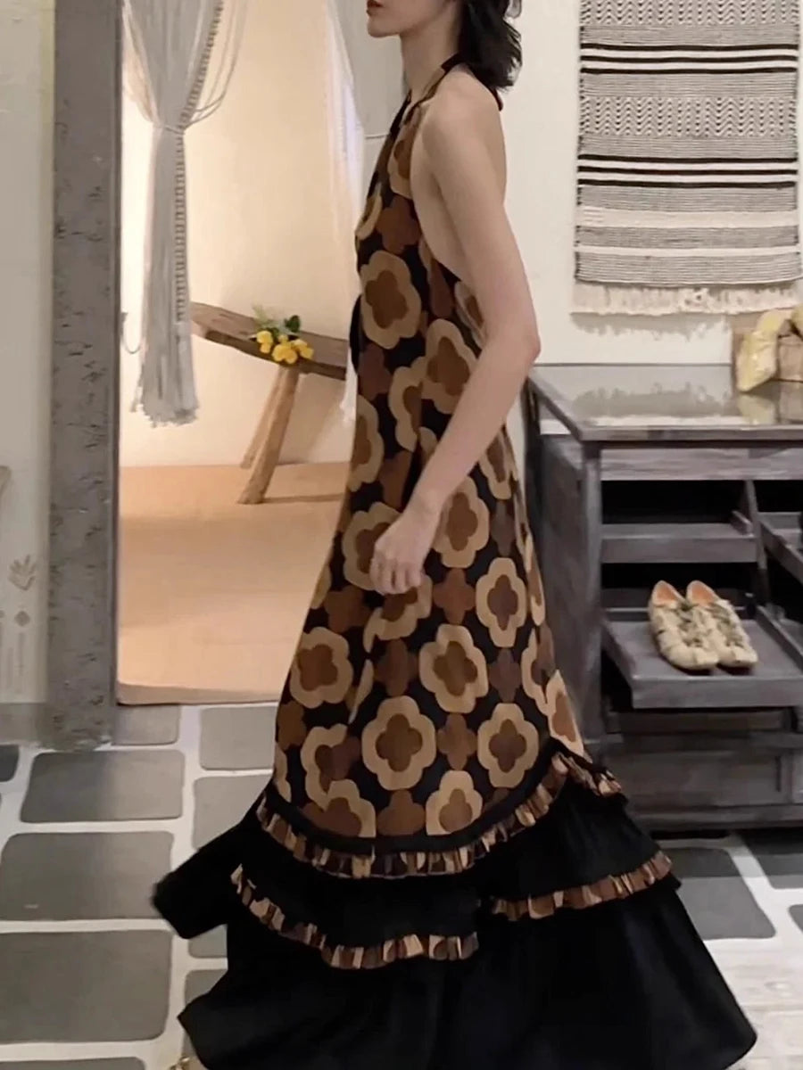 Loose Printing Casual Long Dresses for Women Halter Sleeveless Patchwork Ruffles Folds Dress Female Clothing New