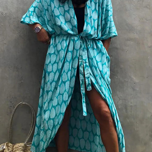 Load image into Gallery viewer, 7 Colors Leaves Printed With Belt Half Sleeve Tunic Beach Cover Up Cover-ups Beach Dress Beach Wear Beachwear Female Women V4511
