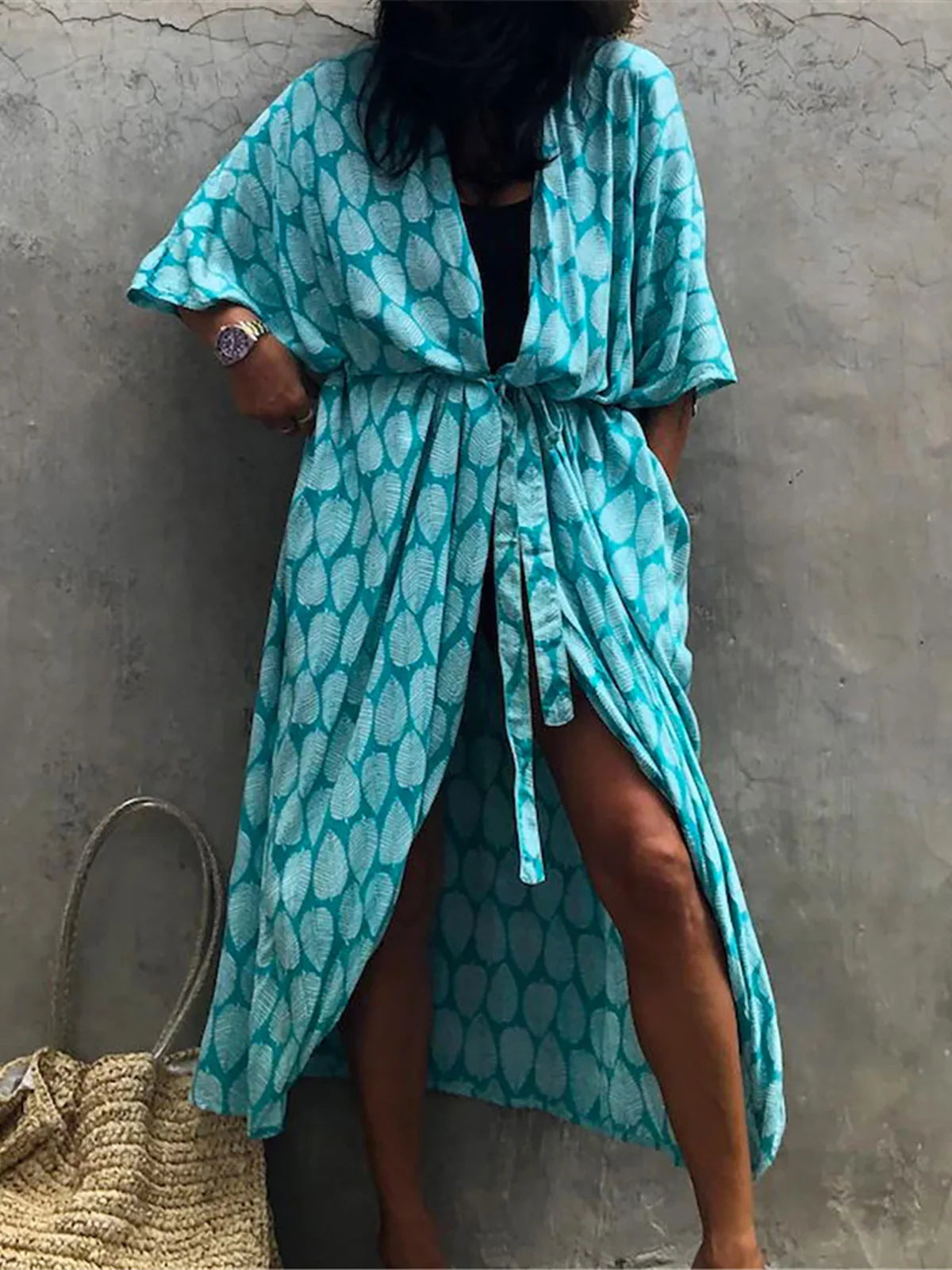 7 Colors Leaves Printed With Belt Half Sleeve Tunic Beach Cover Up Cover-ups Beach Dress Beach Wear Beachwear Female Women V4511