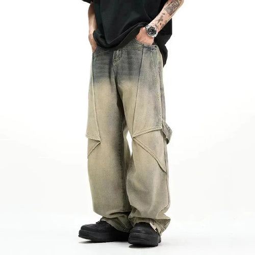 Load image into Gallery viewer, Men's Washed Denim Pants New Summer Loose Straight Leg Trendy Handsome American Style Patchwork Design Male Bottoms 9W1738
