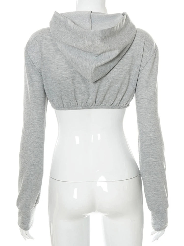 Sexy Gray Short Sweatshirt For Women Hooded Collar Long Sleeve Casual Sweatshirts Female Fashion New Clothing 2022
