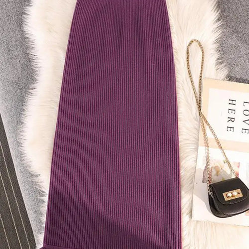 Load image into Gallery viewer, Solid Tassel Split Long Skirts Women Warm Cozy Elegant Casual All-match Korean Elastic Waist A-line Knitted Wrap Hip Skirt Trend
