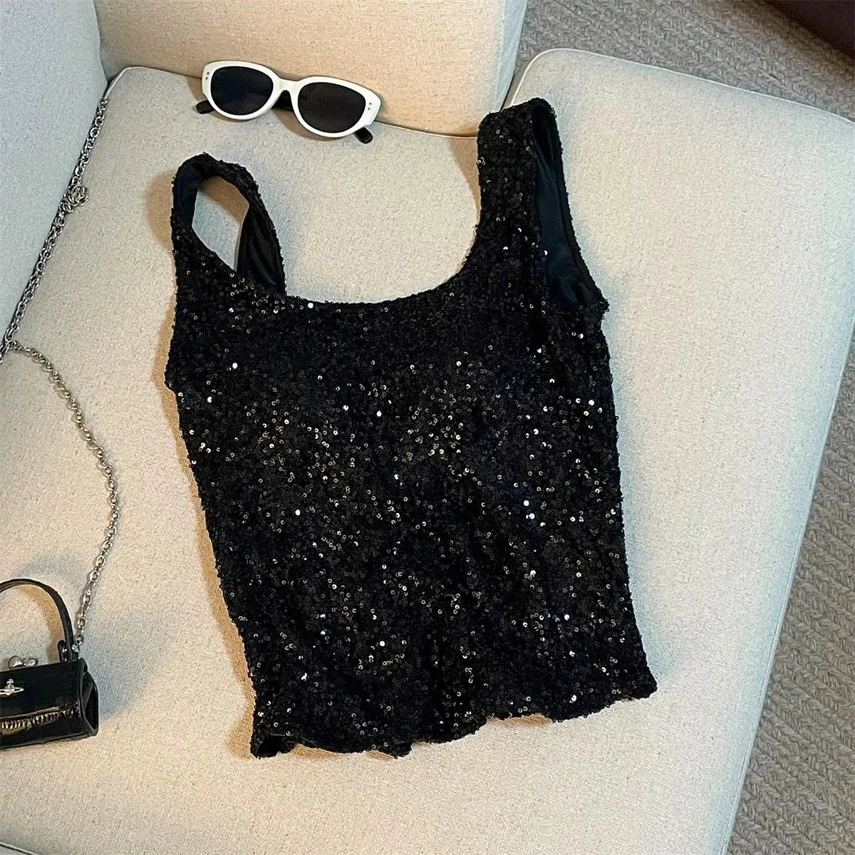 Vintage Black Beige Sequins Round Neck Backless Vest Women's 2024 Summer New Fashion Pink Elegant Sleeveless Tank Tops Vacation