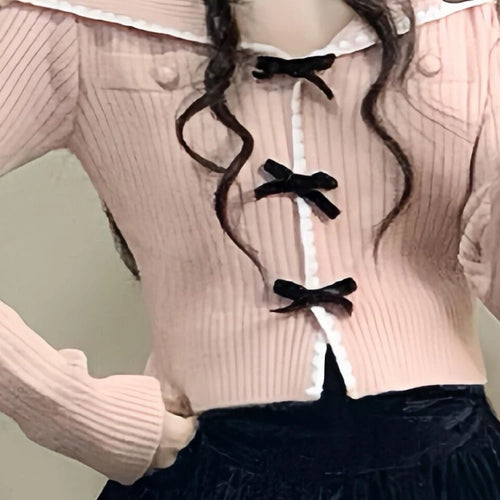 Load image into Gallery viewer, Sweet Y2k Aesthetic Sailor Collar Women's Cardigans Harajuku Slim Fit Patchwork Coats 2025 Autumn Fairy Grunge Bow Crop Tops
