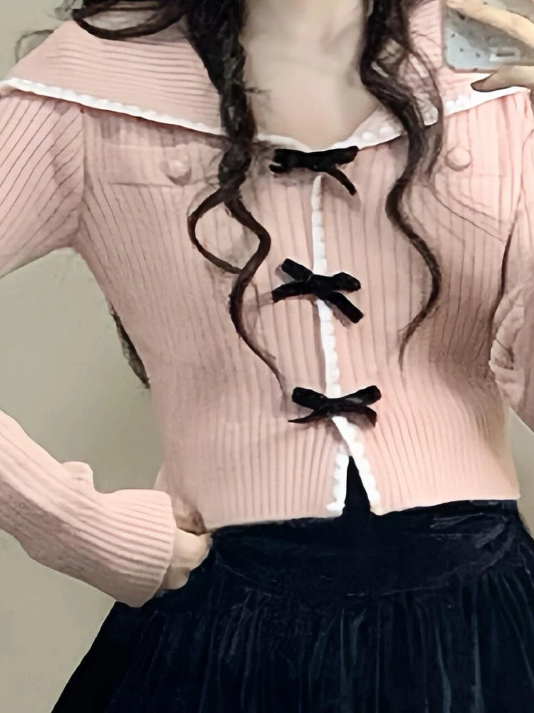 Sweet Y2k Aesthetic Sailor Collar Women's Cardigans Harajuku Slim Fit Patchwork Coats 2025 Autumn Fairy Grunge Bow Crop Tops