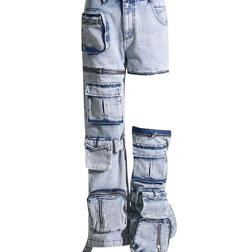 Load image into Gallery viewer, Spliced Zippers Hollow Out Jeans For Women Highe Waist Patchwork Pockets Denim Pants Female Fashion Clothing Style
