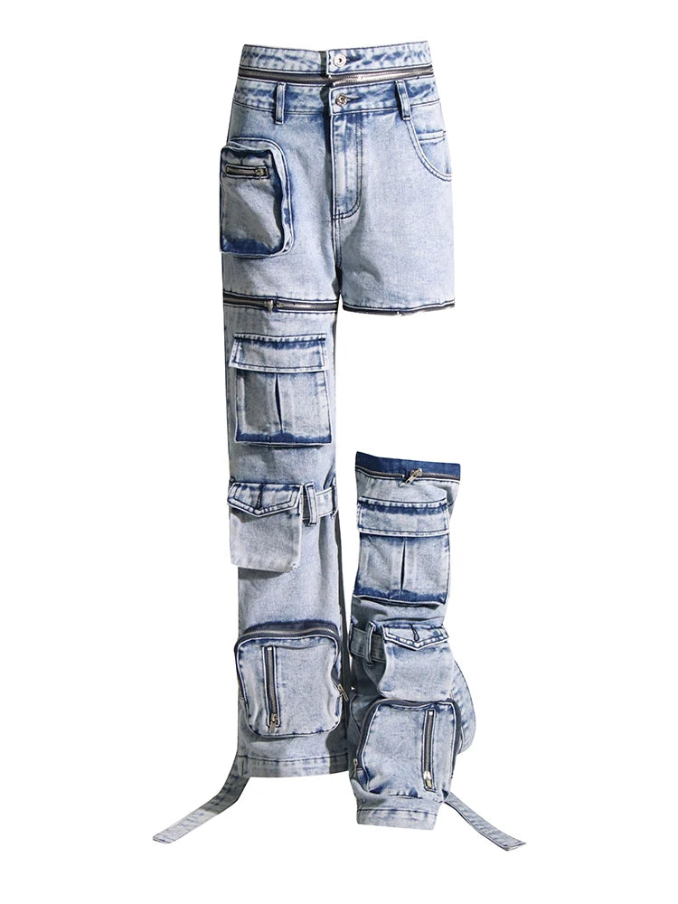 Spliced Zippers Hollow Out Jeans For Women Highe Waist Patchwork Pockets Denim Pants Female Fashion Clothing Style