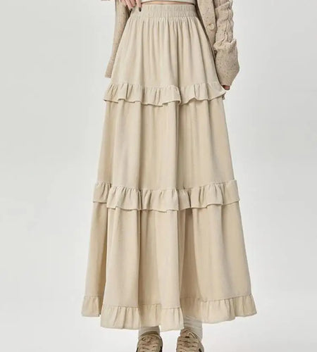 French Women Solid Elegant Vacation Cake Pleated Long Skirts 2024 Autumn Winter New High Waist Ruffle Edge Party Skirt Fashion