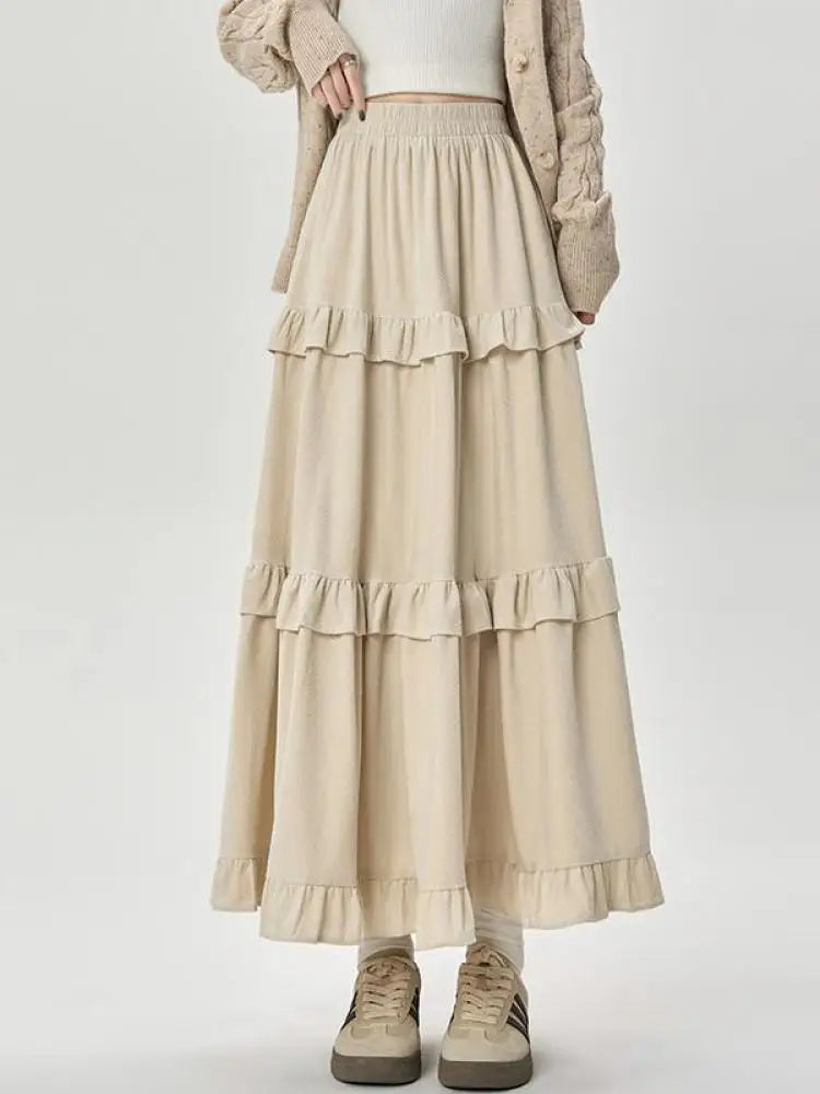 French Women Solid Elegant Vacation Cake Pleated Long Skirts 2024 Autumn Winter New High Waist Ruffle Edge Party Skirt Fashion