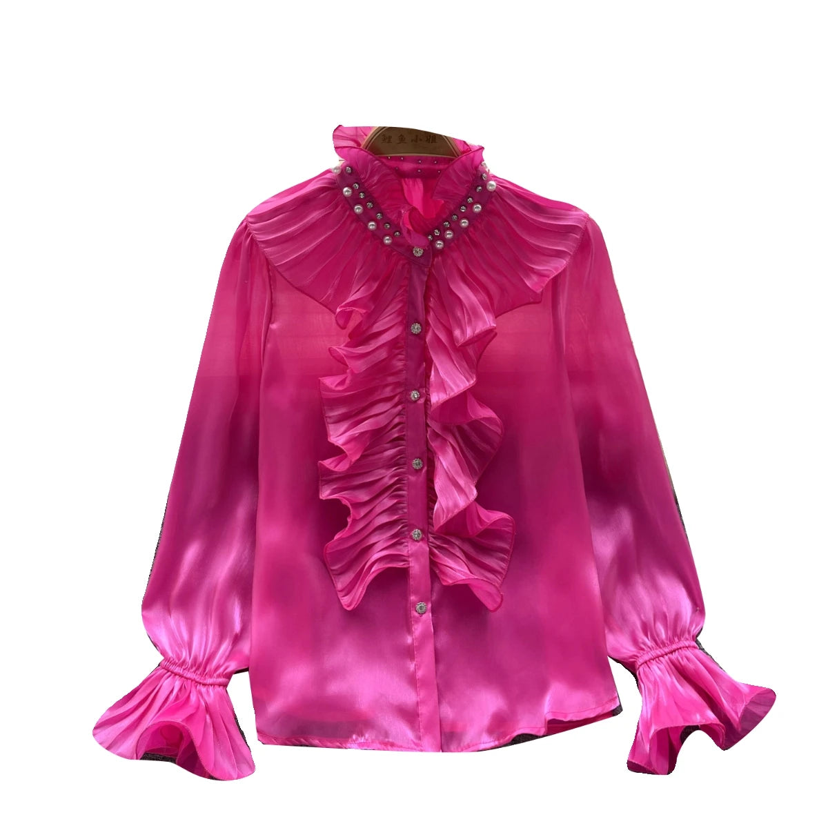 Korean Women Solid Elegant Ruffles Shirt Chic Long Sleeve Lace Ruffles Stand Collar Casual Loose Blouses Tops Autumn Vintage Y2k