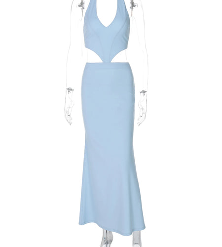 Women Elegant Blue Halter Backless Hollow Out Lace Up Sexy Maxi Dress Summer Fashion Y2K Clothes Beach Vacation Party