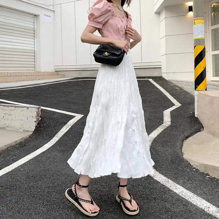 Vintage Black Elegant Elastic High Waist Long Skirts Women Streetwear Summer Fashion Korean Style Vacation White Pleated Skirt