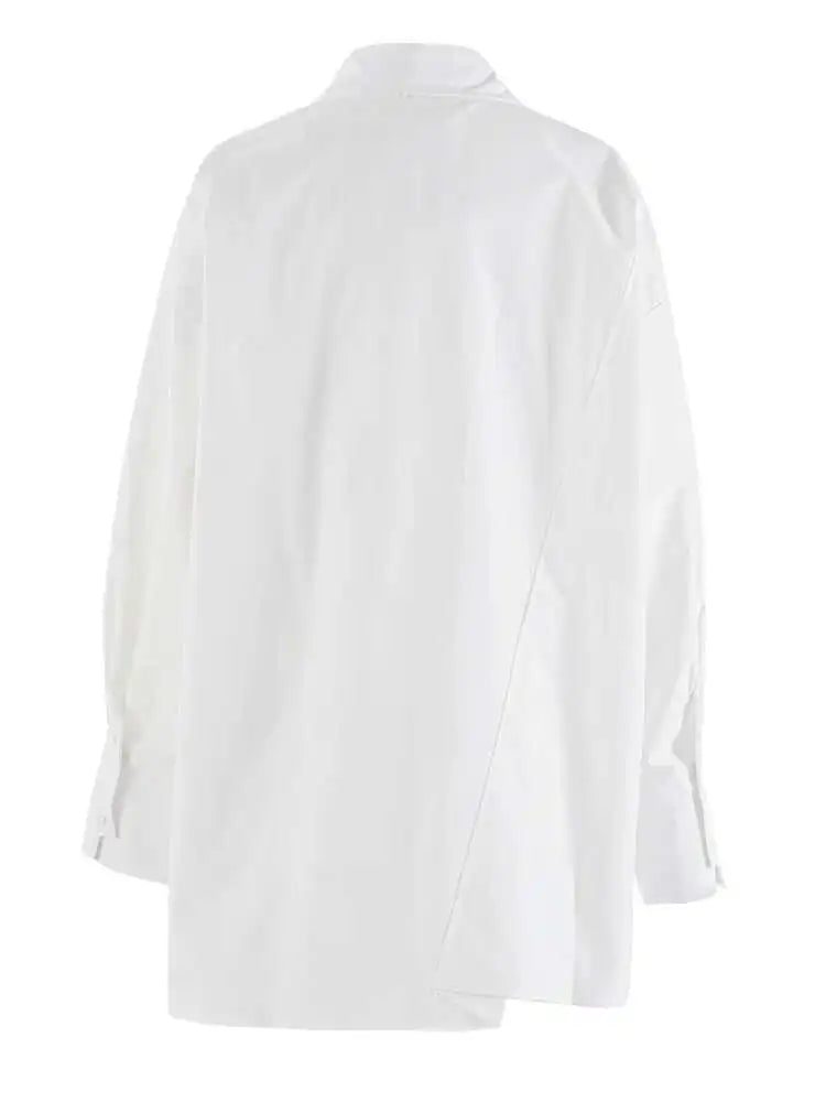 Women White Irregular Spliced Big Size Casual Blouse New Lapel Long Sleeve Shirt Fashion Tide Spring Autumn 2025 CPG2045