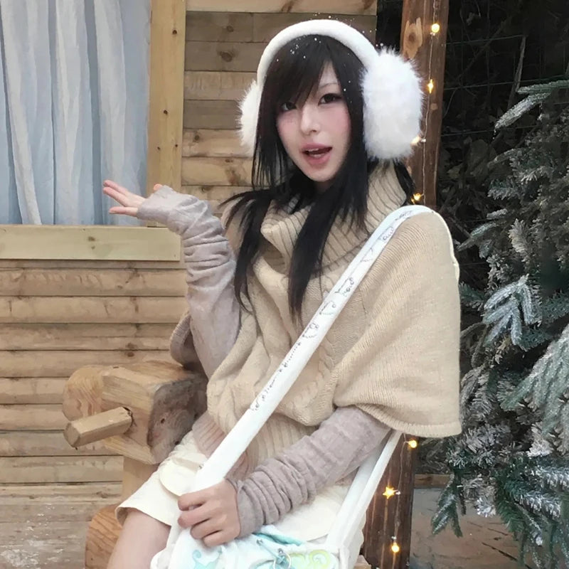 Japanese Y2k Khaki Cape Sweater Vintage Harajuku Knit Loose Pullover Korean Style Turtleneck Knitwear 2000s Aesthetics