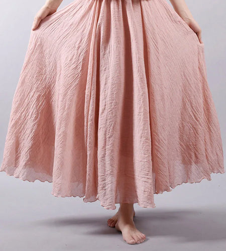 Women's Elegant High Waist Linen Maxi Skirt 2024 Summer Ladies Casual Elastic Waist 2 Layers Skirts saia feminina