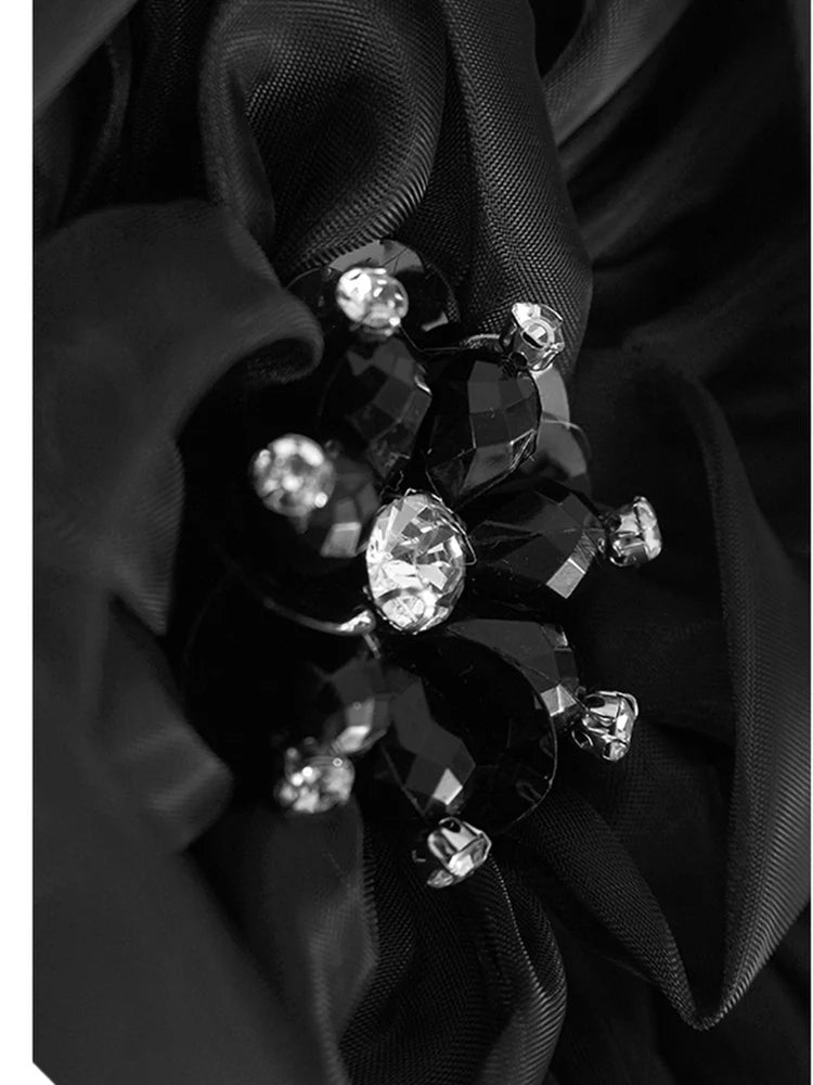 Women Black Three-dimensional Flower Big Size Midi Dress New Round Neck Short Sleeve Fashion Spring Summer 2025 1DJ1191