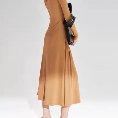 Load image into Gallery viewer, Solid Elegant Slimming Dresses For Women Diagonal Collar Long Sleeve High Waist Off Shoulder Folds Minimalist Dress Female
