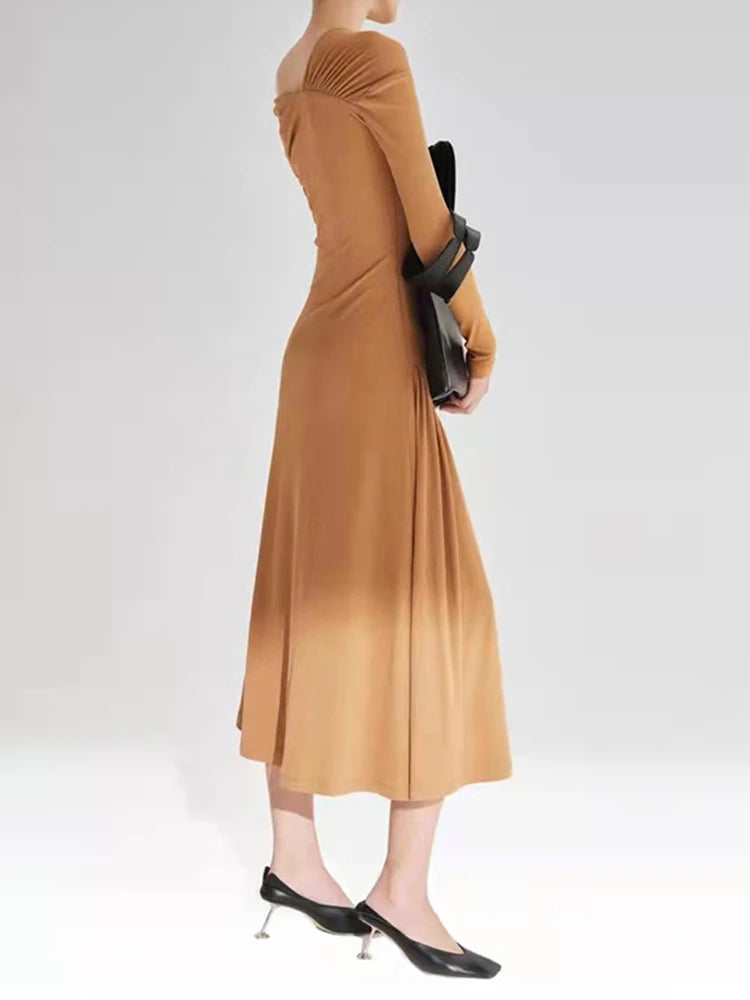 Solid Elegant Slimming Dresses For Women Diagonal Collar Long Sleeve High Waist Off Shoulder Folds Minimalist Dress Female